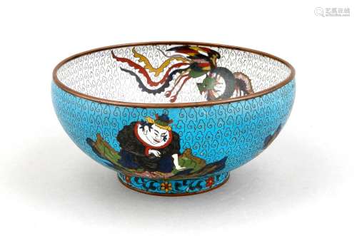 A 19th-century Chinese cloisonné bowl, the side with 4 figures on blue-turquioise ground with sylized cloud patterns, the center with red dragon in sea, the interor side with phoenix, tiger, and dragon on white ground with sylized wood patterns, h. 10/ d. 21 cm