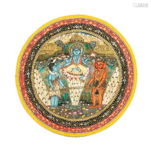 Miniaturmalerei, Indien (Rajastan/Jaipur), opake Wasserfarben und Gold auf Papier, Perlenbesatz. Das Quirlen des Milchozeans (aus einer Dasavatara-Serie), rundes Format (D. 13 cm), hinter Passepartout