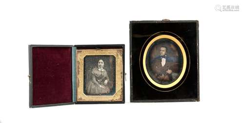 Two ambrotypes mid 19th century, portrait of a lady in a case, coverglas broken, as well as an oval gentleman's portrait in the frame, each faded, up to 13 x 11 cm