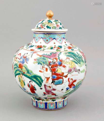 A Chinese famille rose vase and lid, 1st half 20th c., the boulbous body painted with 2 multi-figural scenes in reserves as well as flowers and birds, stamped seal mark in red, h. 32 cm