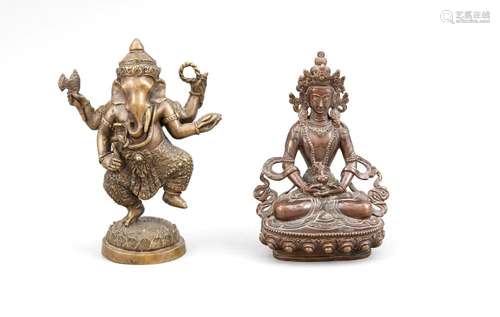 2 figures, China/Tibet, 19th/20th c., bronze, 1 x Ganesha, h. 17 cm, 1 x Tara, Varja engraving, h. 16 cm