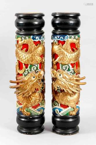 2 columns of dragons, China, 20th c., polychrome and black composed wood, minimal worn, height 80 cm