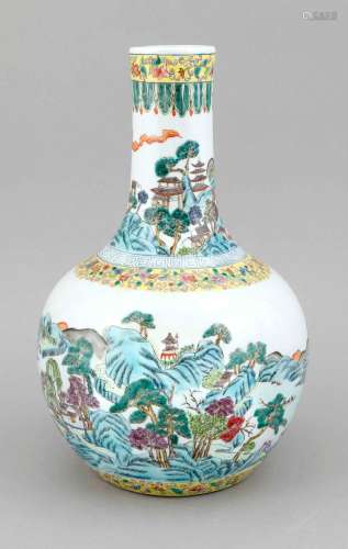 A 20th-century Chinese case, of bulbous form with elongated neck, surrounding landscape panorama, flower tendrils on a yellow background, meander, h. 34 cm
