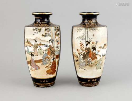A pair of Japanese Satsuma vases, 1st h. 20th c., ceramics polychromed on glaze and painted in gilt, figural and landscape decor on kobalt blue ground, floral gold decor, the underside mark and the rim gilding worn, h. 25.8 cm