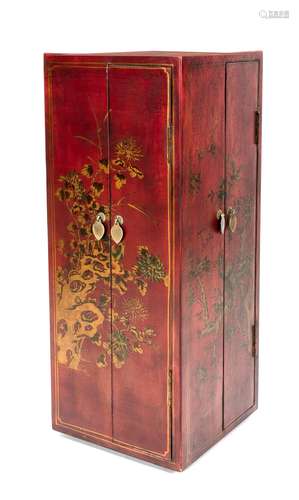 Varnished wardrobe, China, 20th century, carousel basement, rotating corpus with 8 doors, four pseudo, four to open, red vanished grund, far eastern motives, 98 x 38 x 38 cm