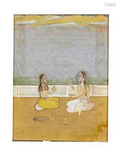 Miniaturmalerei, Indien, Rajastan (Kishangarh), wohl um 1800, opake Wasserfarben und Gold auf Papier. Prinzessin mit Dienerin auf einer Terasse sitzend, unten rechts restauriert, hinter Passepartout, 14,5 x 11 cm