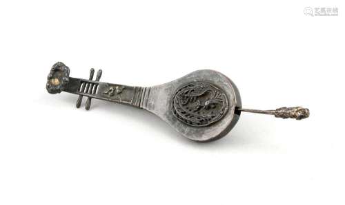 A lock in the shape of a Chinese lute, bronze, with oval phoenix relief, l. 15 cm