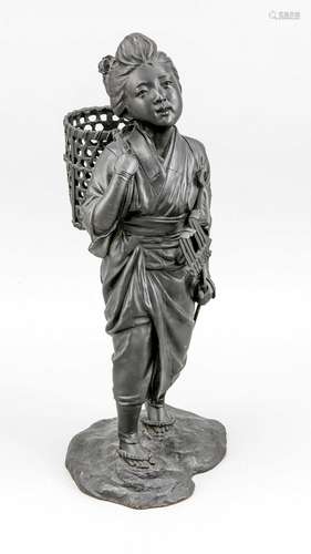 Japanese bronze ''Young countrywoman with basket'', bronze, black patinated, signed at terrain base, h. 42 cm