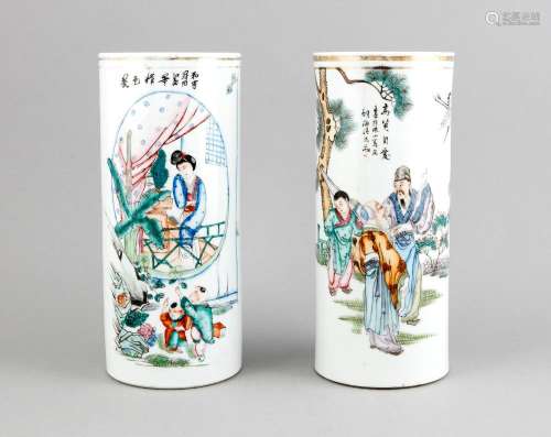 Two Chinese cylinder vases, 1950s/60s, porcelain with polychrome underglaze painting, the rims gilt, with figural decor, inscribed in black, iron-red character marks (worn), the gilding worn, h. 28.3 cm
