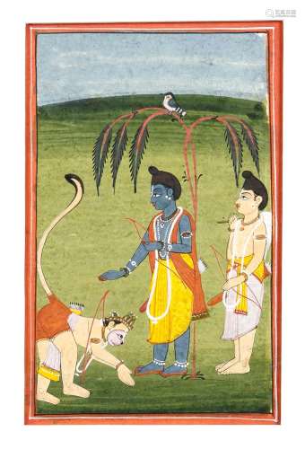 Miniaturmalerei, Indien, Pahari (Mankot), Ende 19. Jh., opake Wasserfarben und Gold auf Papier. Hanuman sich vor Rama und Lakshman verbeugend, hinter Passepartout, Maße Miniatur ca. 20 x 13,5 cm