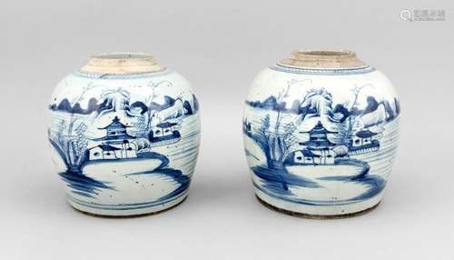 A pair of 19th-cenntury Chinese ginger pots, cobaltblue landscape decor, lacking lids, h. 23 cm