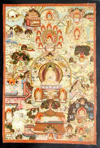 Thangka, Tibet, 1st h. 20th c., polychrome pigments and gold on linen, laminated on mesonite, central depiction of Buddha Amitabha, surrounded by numerous bodhisattva, margins trimmed and with holes, small stains (examined in framed status), rear window frame, 96.5 x 68 cm