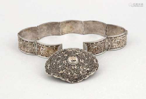 A 20th-century Asian belt, plated, with relief and applied floral decoration, total l. 65 cm