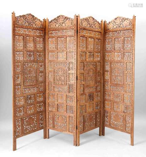 Folding screen, Asia (Thailand?), 2nd half of 20th c., bright asian hardwood, 4 panels, measure of each panel 184 x 51 cm