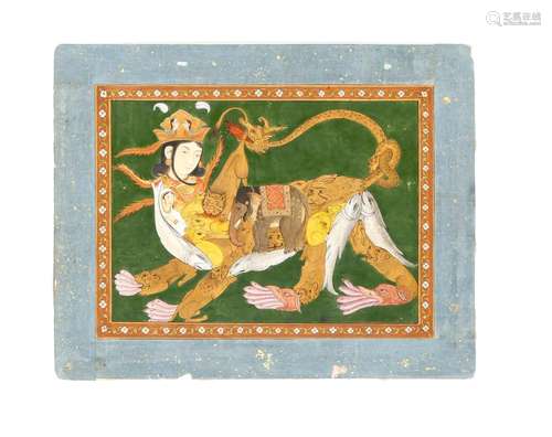 Miniaturmalerei, Indien, wohl 19. Jh., Deccan-Schule. Al Buraq, Fabelwesen, das den Propheten in einer Nacht auf einer Reise von Mekka nach Jerusalem und zurück begleitete. Spätere Kopie einer bekannten Miniatur aus der 2. H. des 18. Jh., die sich im Nationalmuseum Neu Delhi befindet. Opake Wasserfarben Papier, Ränder leicht best., 20 x 26 cm