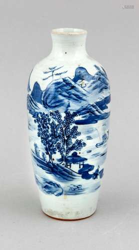 A cobaltblue Chinese vase, 1st half 20th c., painted underglaze with landscape showing mountains, lake and fishing boat, short neck, verso calligraphy, h. 23 cm