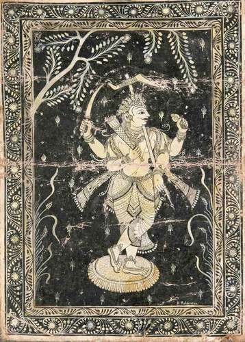 An Indian painting, Orissa school, early 20th c., black and white pigments on canvas, Vishnu standing on a lotus flower, vegetal border, bottom right signed ''A. Maharama.'', crease traces, losses of pigment, the boders areas fringed, 40.7 x 28.6 cm