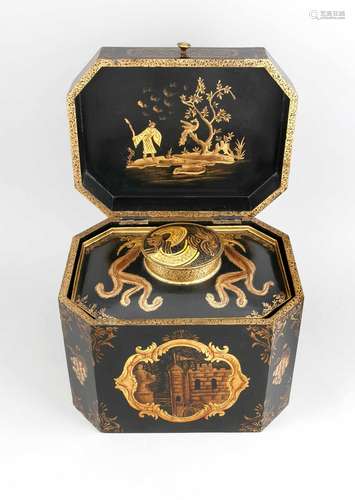 A large tea box with wooden box in the Asian style, around 1900, brass and wood, black painted and gilt, of polygonal shape, short cylindrical neck, the shoulder with chinoiserie, the wooden box with leaf, shell as well as architectural motifs, part. crazed, painting part. rubbed, 29 x 36 x 28.5 cm