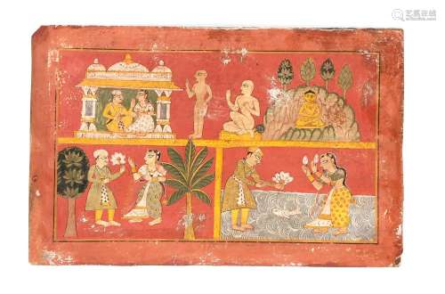 Miniaturmalerei, Jain-Schule, Indien, Ende 19. Jh., opake Wasserfarben auf Papier, Bildgeschichte in 3 Teilen, 12,5 x 19,5 cm