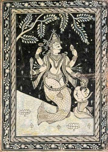 An Indian painting, Orissa school, early 20th c., black and white pigments on canvas, Matsya incarnation Vishnu, vegetal patterned borders, lower right signed ''A. Maharama.'', crease traces, losses of pigments, the lower half with browned stains, the border areas fringed, 39.5 x 28.6 cm