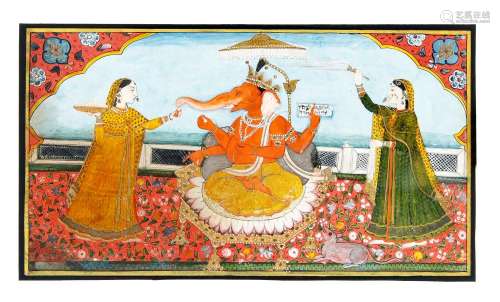 Miniaturmalerei, Indien, um 1850, Pahari-Kangra- oder Guler-Schule, wohl um 1850. Opake Wasserfarben und Gold auf Papier. Ganesha auf einem hexagonalen, goldenen Thron. Zwei Dienerinnen fächern ihm Luft zu und füttern ihn mit Süßigkeiten, unten rechts seine Ratte. 13 x 23 cm