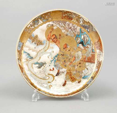 Large Satsuma plate, Japan, 19th century, ample pattern, craze, minimal worn, D. 37 cm