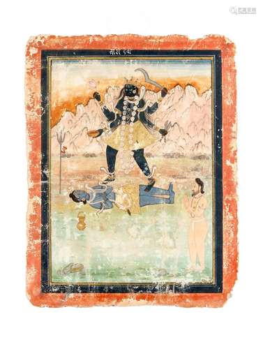 Pahari-Kangra-Schule, Indien, wohl 2. H. 19. Jh., Kali auf Shiva, opake Wasserfarbe auf Papier, Wasserflecken, Ränder best., ber., 33 x 26 cm