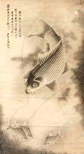 Japanese artist of the 19th century, large ink painting on paper, koi under water with water plants, above signed and marked, partly with folds and traces of age, behind glass in the exchangeable frame 150 x 78 cm