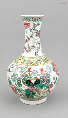 A 19th/20th-century Chinese famille rose vase, the body continuously polychromed with 2 peacocks, trees, flowers, insects and various birds, written red seal mark, h. 40 cm