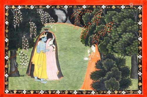 Miniaturmalerei, Pahari-Kangra-Schule, Indien, wohl um 1820. Opake Wasserfarben und Gold auf Papier, Krishna und Radha unter einem Mantel, um sie vor einem Gewitterregen zu schützen, 25,5 x 17 cm