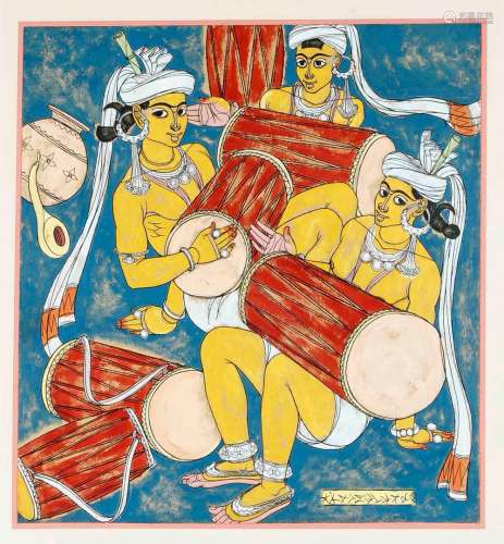 Almelkar, Abdoulrahim Apabhai (1920-82), Indien, 3 Trommler beim Musizieren. Öl auf Karton, hinter Glas gerahmt, datiert u. signiert: A. A. Almelkar 60, Maße Bild ca. 40 x 38 cm