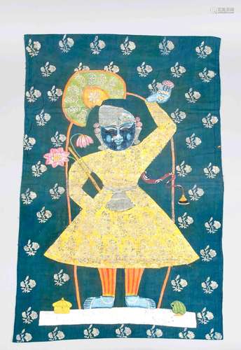 Pichwai, Deccan-Schule, Indien, wohl Anf.19. Jh., Lord Shrinathji (eine Inkarnation Krishnas) in gelber Robe vor dunkelgrünem Hintergrund mit Blumensilhouetten, Pigment auf Baumwolle, 140 x 87 cm