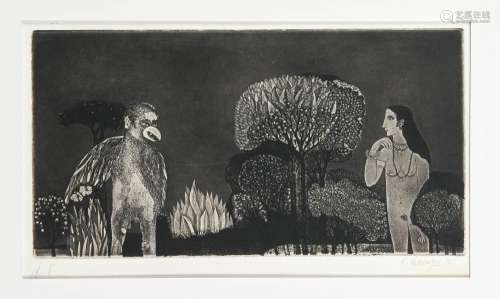 K. Laxma Goud (geb. 1940), Indien, Aquatinta, erotische Zusammenkunft mit einem Vogelmann, mit Bleistift signiert: Laxma Goud 1975, hinter Passepartout. Maße Blatt: 42 x 25 cm, Maße Druck: 36 x 18 cm