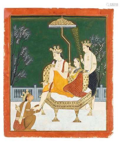 Miniaturmalerei, Indien, wohl Mitte 19. Jh., Pahari-Kangra-Schule, Pigment und Gold auf starkem Papier. Das Blatt zeigt eine sog. Rama Durbar: Rama, Sita, seinen Halbbruder Lakshmana und den Affengeneral Hanuman. Teilw. brüchiges Pigment, Ränder best., ca. 33 x 27 cm