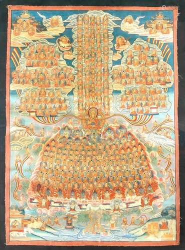 Thangka, Tibet, 1st half of the 20th century, polychrome pigments and gold on linen, laminated on masonite, central representation of Guru Puja surrounded by numerous Buddhas, Bodhisattvas and Dharma protectors, margins trimmed, partially browned spots, small color defects as well as slight creases (examined in framed status), rear window frame, 103 x 79 cm