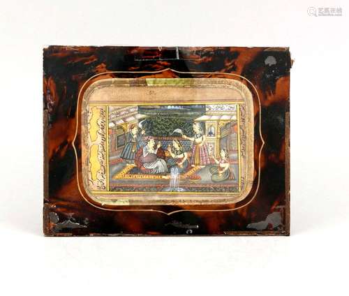 A 19th-century Indian miniature painting, Moghul school, sheet from a book?, guouache enrichted in gilt on paper, framed behind glass, 16 x 21 cm