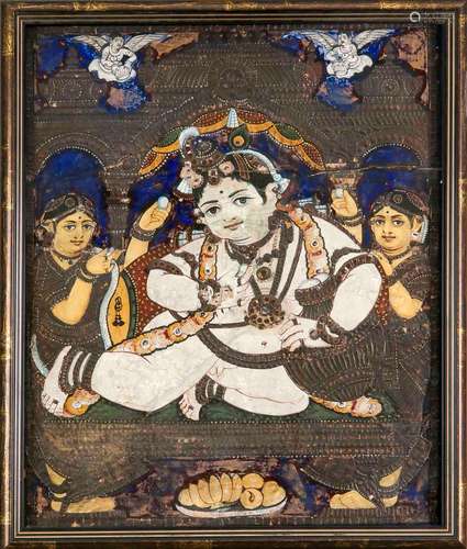 A Tanjore painting, South of India, early 20th c., Jai Shri Krishna, set with color stones, losses of paint, tears, framed, 54 x 45.5 cm