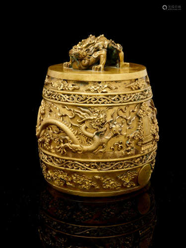 Qianlong mark and of the period, dated to the 8th year, corresponding to 1743 A very rare and important Imperial gilt-bronze ritual bell, bianzhong