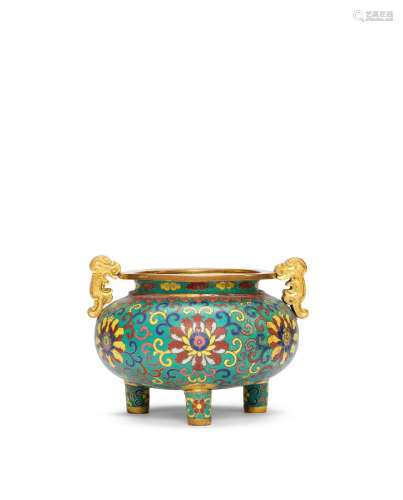 Incised Qianlong four-character mark and of the period A gilt-bronze and cloisonné enamel tripod incense burner