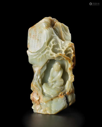 Qianlong A rare and large Imperially-inscribed pale green and russet jade 'luohan' boulder