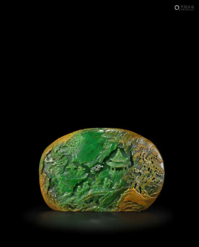 Qianlong A superb spinach-green jade 'Three Immortals' boulder