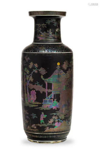 18th century A rare lac burgauté porcelain 'four arts' rouleau vase
