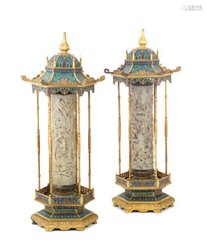 Qianlong An exceptionally rare pair of Imperial jade gilt-bronze cloisonné and champlevé enamel 'pagoda' incense holders