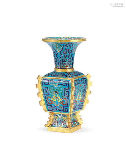 Incised Qianlong four-character mark and of the period A fine archaistic gilt-bronze and cloisonné enamel vase, zun