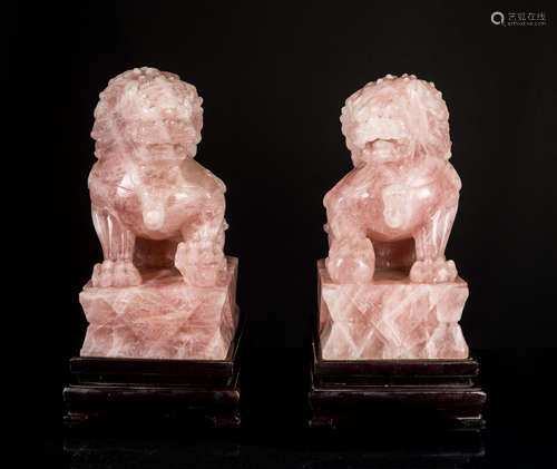 Pair Late 19th Antique Pink Crystal Shi-shi Figure