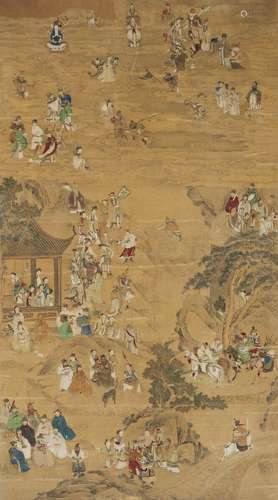 Two Chinese scrolls decorated in colours. Framed. Qing, 19th century. Image c. 170×95 cm. (2)