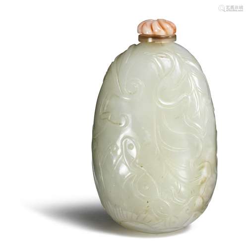 A Chinese snuff bottle of white jade, drop shaped, carved with butterfly and foliage. Stopper of pink coral. Qianlong-Daoguang 1780–1850. H. 6.5 cm.