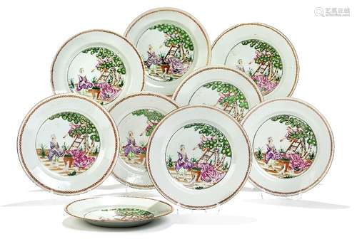 Nine Chinese famille rose plates - two and seven plates. Qinalong, c. 1740. Diam. 23 cm. (9)