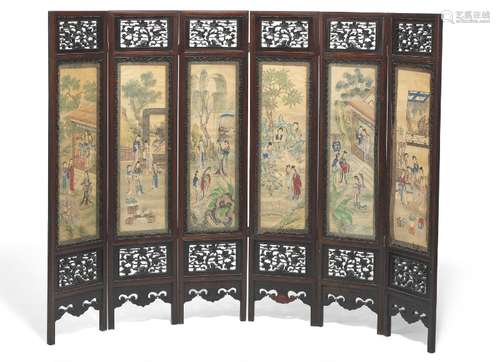 A Chinese hardwood sixfolded screen,  at the top and bottom carved with prunus in blossom, the fields decorated with ladies in a garden. 19th century.