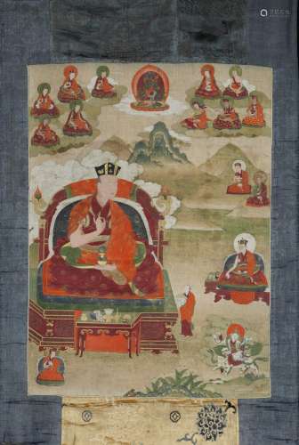 A Tibetan Karma Gadri style thangka with the Karmapas. 18th century. Image 64×47 cm.